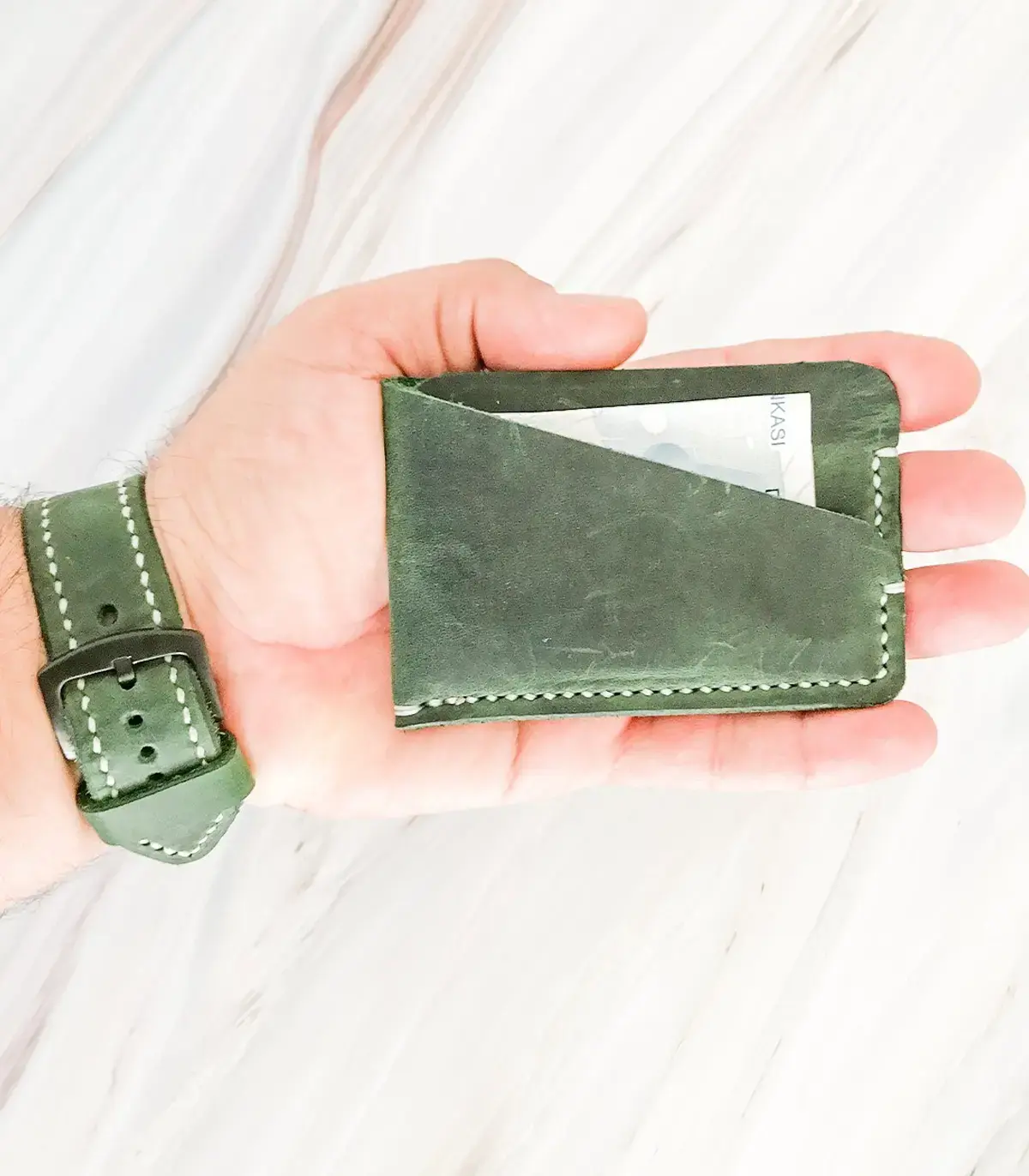 Handmade Dark Green Minimal Leather Card Wallet