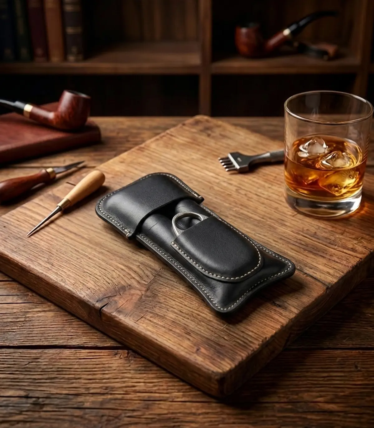 Handmade & Hand Stitched Black Leather 2-Cigar Case