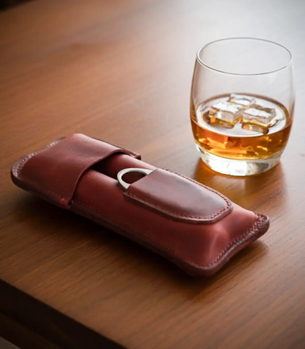 Handmade & Hand Stitched Red Leather 2-Cigar Case